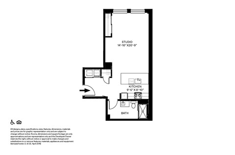Floor plan for studio, 1 bath, 597 sqft